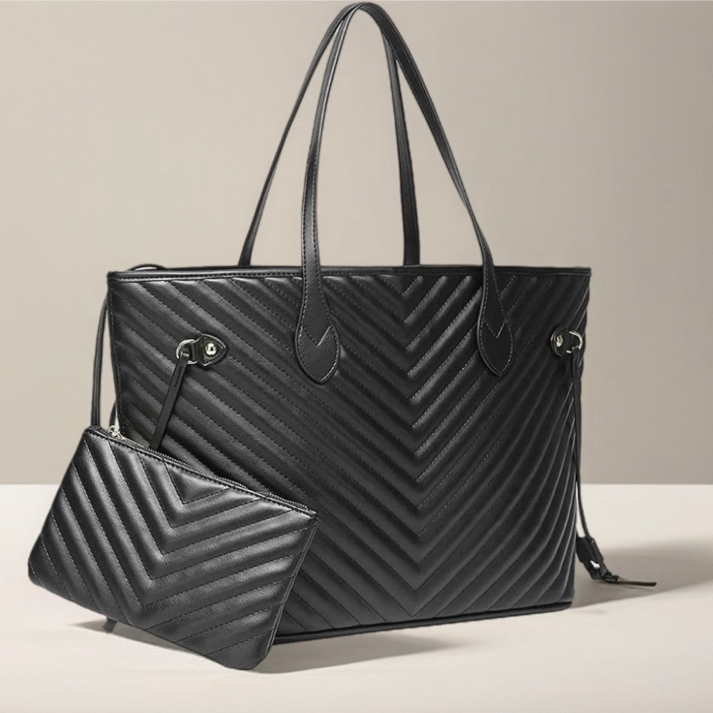 Black Quilted Tote Bag Faux Leather Laptop Work Purse Minimalist w/ Pouch